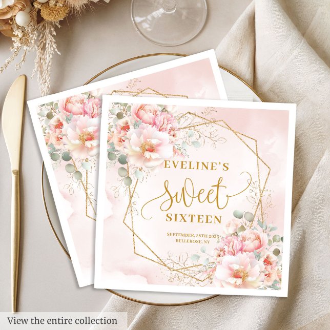 Fancy Light Pink with Gold Flowers Sweet Sixteen  Napkin (Fancy Light Pink with Gold Flowers Sweet Sixteen Napkins)
