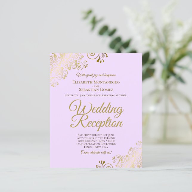 Fancy Lilac & Gold Wedding Reception BUDGET Invite (Standing Front)