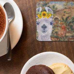 Fancy Llama and Renoir's Farmhouse  Square Paper Coaster