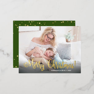 Fancy Merry Christmas, Photo, Name & Message Foil  Holiday Postcard