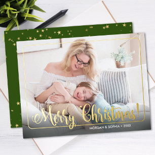 Fancy Merry Christmas, Photo, Name & Message Foil Holiday Postcard