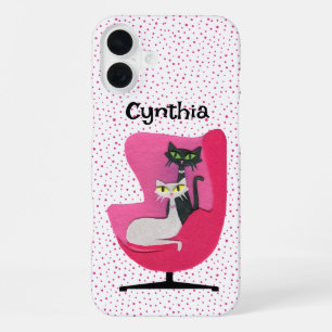 Fancy Mid Century Cats Pink Chair Pink Polka Dots iPhone 16 Plus Case