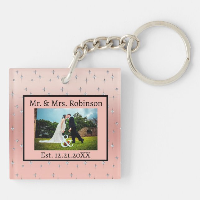 Fancy Modern Couples Photo Pink Silver Diamond Key Ring (Back)