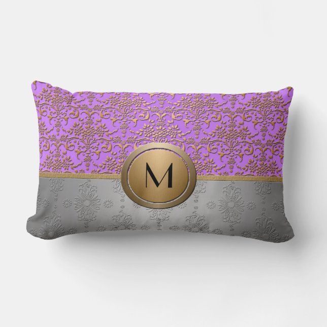 Fancy Monogram Design Periwinkle Purple Gold Lumbar Cushion (Front)