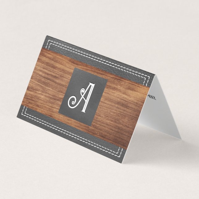 Fancy Monogram | Double Stitched Leather | Wood  B Business Card (Front)