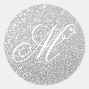 Fancy Monogram Faux Pastel Bokeh Silver Glitter Classic Round Sticker