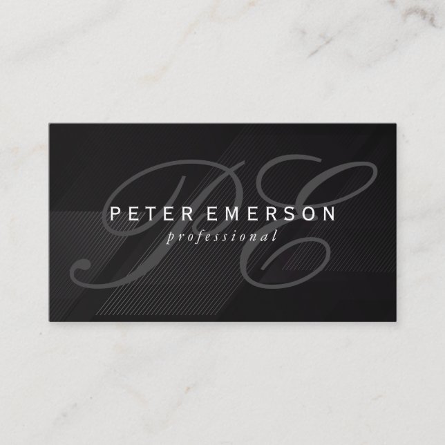 Fancy Monogram Sleek Black Business Card (Front)