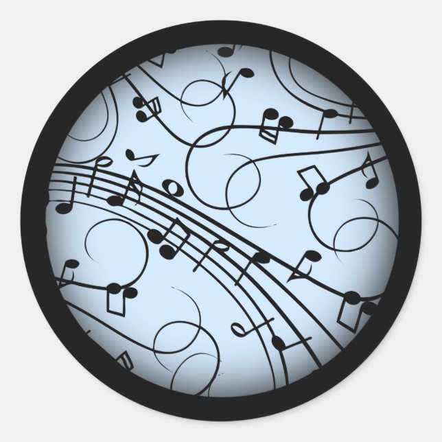 Fancy Music Notes Blue Classic Round Sticker (Front)
