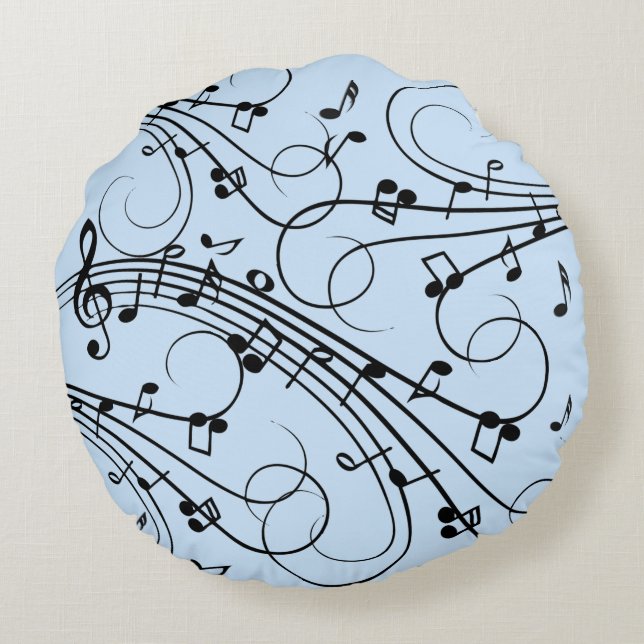 Fancy Music Notes Blue Round Cushion (Back)