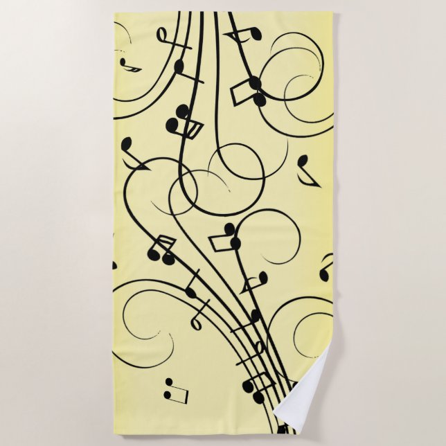 Fancy Music Notes Yellow Beach Towel (Front)