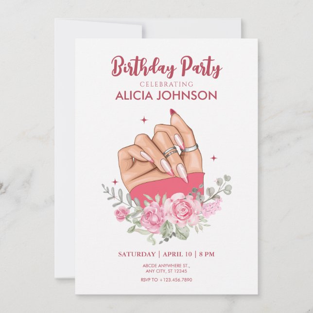 Fancy nail art floral Birthday Party Invitation (Front)