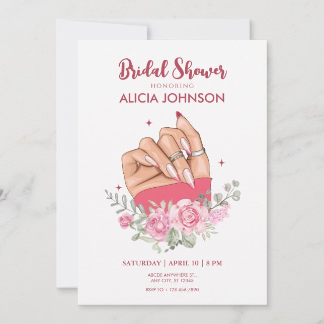 Fancy nail art floral Bridal Shower Invitation (Front)