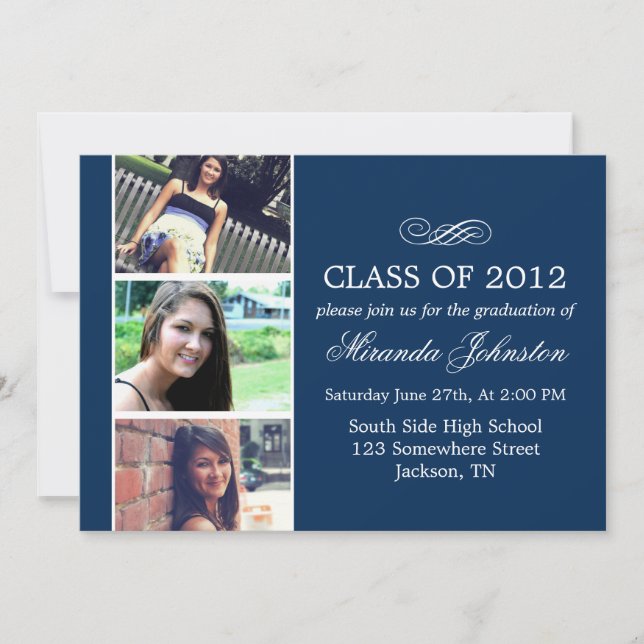 Fancy Navy Photo Strip Graduation Announcements (Front)