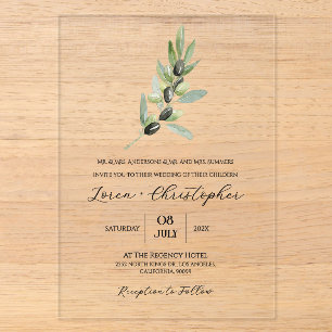 Fancy olive branch and modern calligraphy acrylic invitations