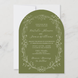 Fancy Olive Green Floral Arched Old Money Wedding Invitation