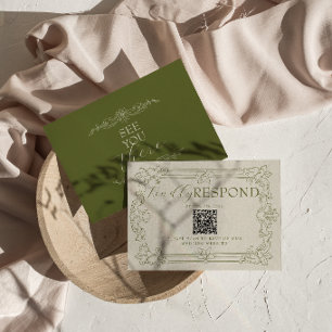Fancy Olive Green Floral Old Money QR Code Wedding RSVP Card