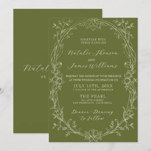 Fancy Olive Green Floral Old Money Wedding Invitation