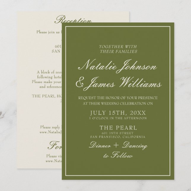 Fancy Olive Green Old Money All In One Wedding Invitation (Front/Back)