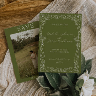 Fancy Olive Green Romantic Old Money Photo Wedding Save The Date