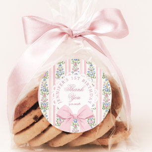 Fancy One Blush pink Bow birthday Thank you Classic Round Sticker