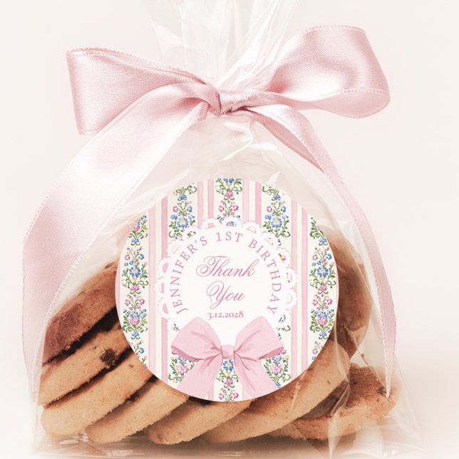 Fancy One Blush pink Bow birthday Thank you Classic Round Sticker (Creator Uploaded)