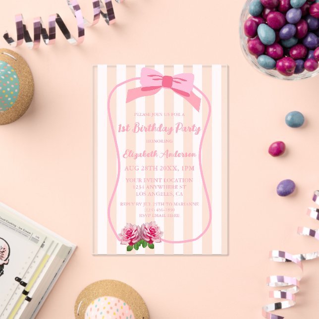 Fancy One Bow Floral 1st Birthday Acrylic Invitations (Insitu (Celebration))