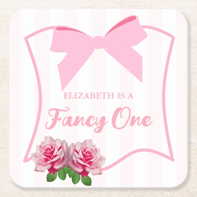 Fancy One Bow Floral 1st Birthday Square Paper Coaster (Front)