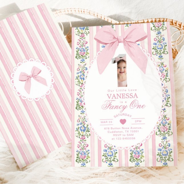 Fancy One Pink Bow Photo Love Shack 1st Birthday Invitation (Creator Uploaded)