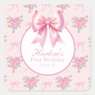 Fancy One Pink Coquette Bow Birthday  Square Sticker