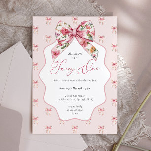 Fancy One Pink Floral Bow 1st Birthday Invitation