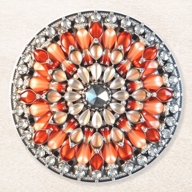 Fancy Orange Jewelled Look Round Paper Coaster (Front)