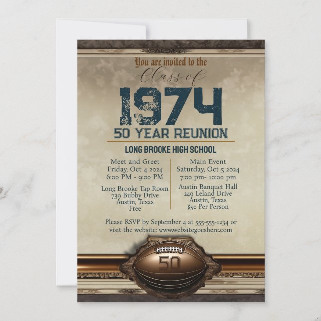 Fancy Ornate Football 50 Year High School Reunion Invitation (Front)