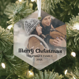 Fancy overlay vintage text Merry Christmas Glass Tree Decoration