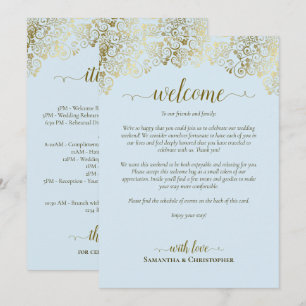 Fancy Pale Blue & Gold Wedding Welcome & Itinerary Programme