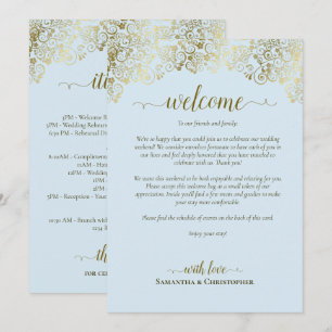 Fancy Pale Blue & Gold Wedding Welcome & Itinerary Programme