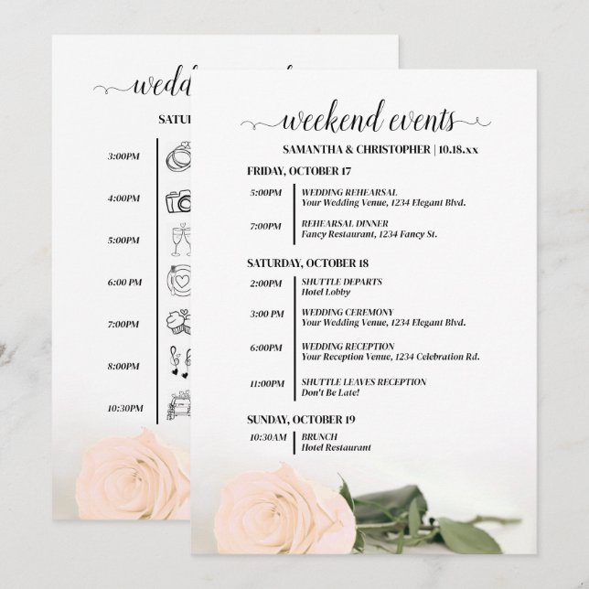 Fancy Pale Peach Rose Wedding Events & Timeline Programme (Front/Back)