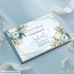 Fancy Pastel Blue White Gold Floral Sweet Sixteen  Guest Book