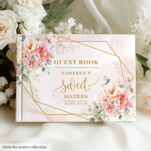 Fancy Pastel Pink Sage Gold Floral Sweet Sixteen  Guest Book
