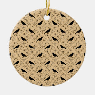 Fancy Pattern with Crows. Black and Beige. Ceramic Tree Decoration
