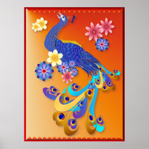 Fancy Peacock and Flowers Poster