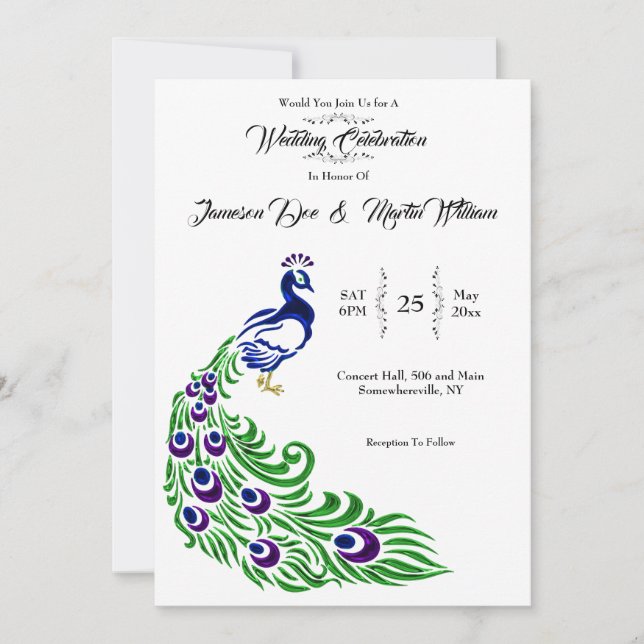 Fancy Peacock Wedding Invitation (Front)