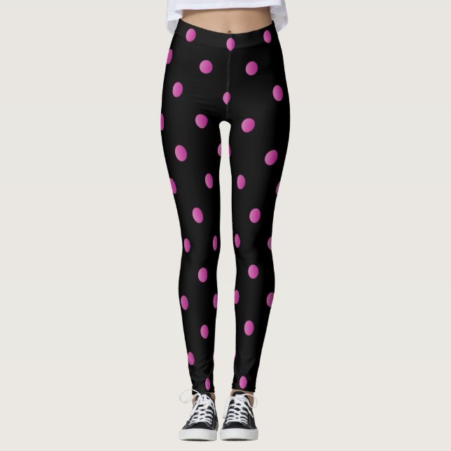 Fancy Pink and Black Retro Polka Dot Leggings (Front)
