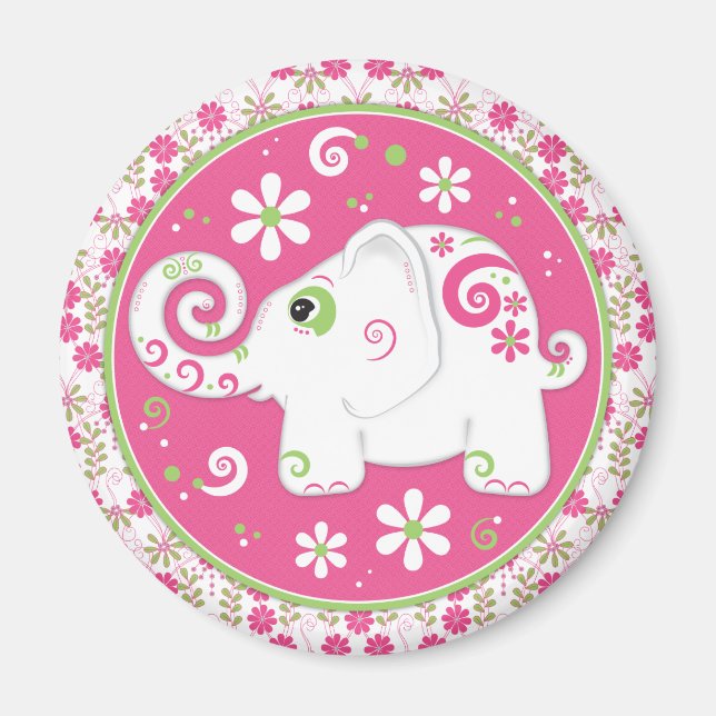 Fancy Pink and Green Elephant and Floral Magnet (Front)