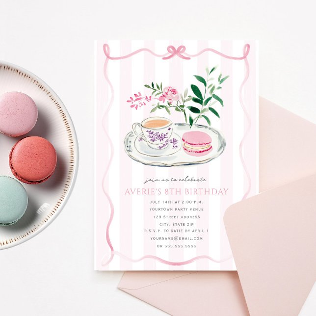 Fancy Pink Bow Macaron Tea Party Coquette Birthday Invitation (Creator Uploaded)