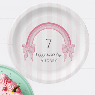 Fancy Pink Bow Rainbow Coquette Birthday Paper Plate