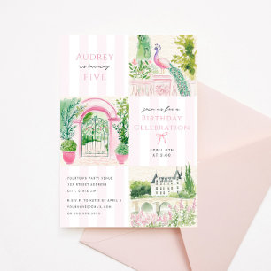 Fancy Pink Chateau Stripe Birthday Party Invitation
