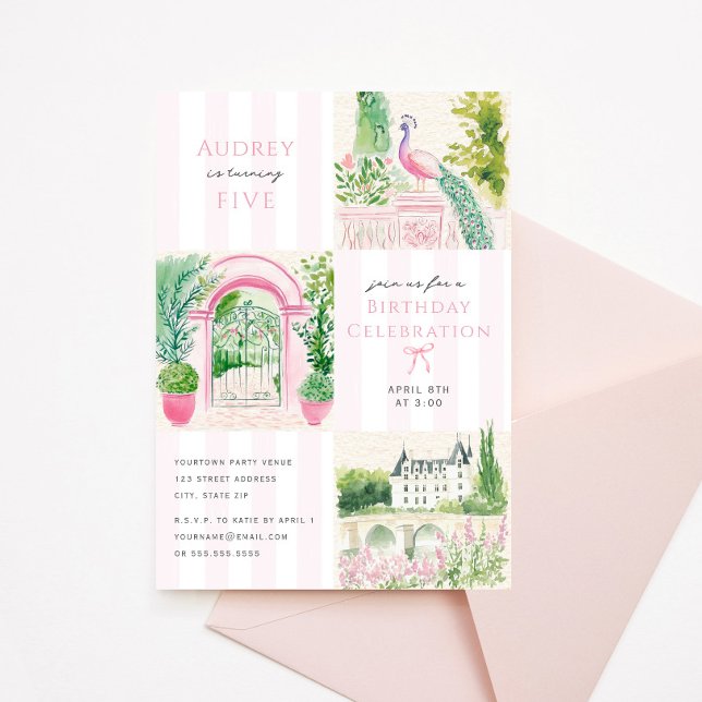 Fancy Pink Chateau Stripe Birthday Party Invitation (Creator Uploaded)