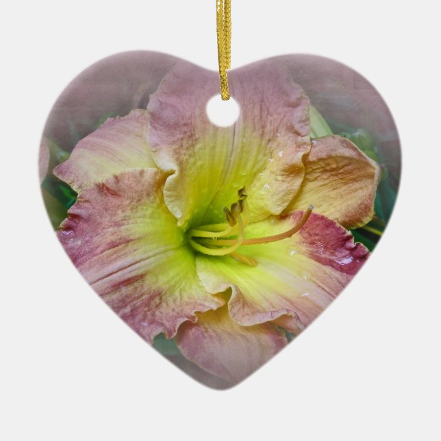 Fancy Pink Daylily Blossom Ceramic Tree Decoration (Front)