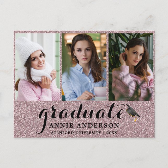 Fancy Pink Glitter 3 Photo Graduation Invitation Postcard (Front)