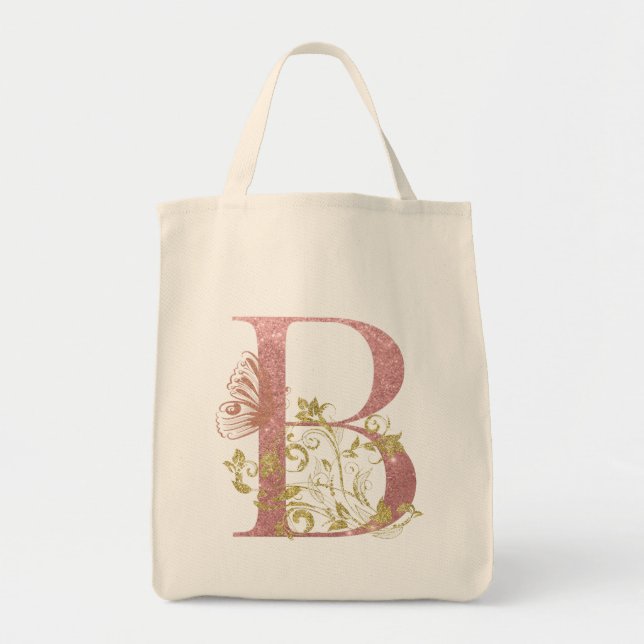 Fancy Pink Glitter Letter B Tote Bag (Front)